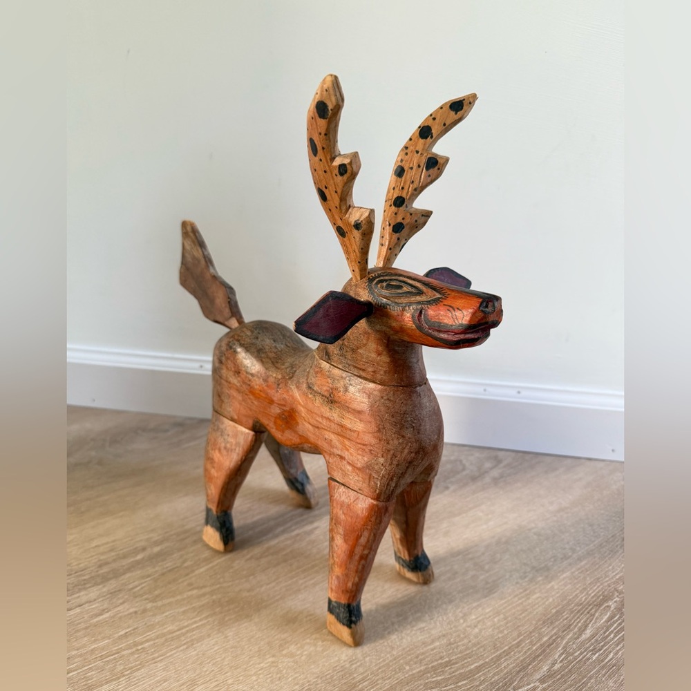 Vintage Mexican folk art spotted antler laughing deer wooden carved statue